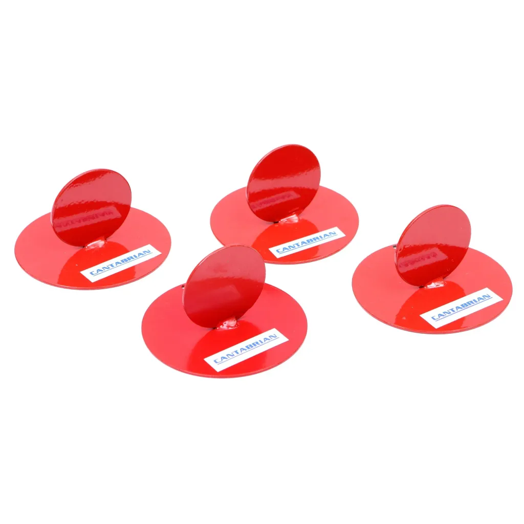Four red metal runway markers, each formed from two welded round sheets and labeled CANTABRIAN.