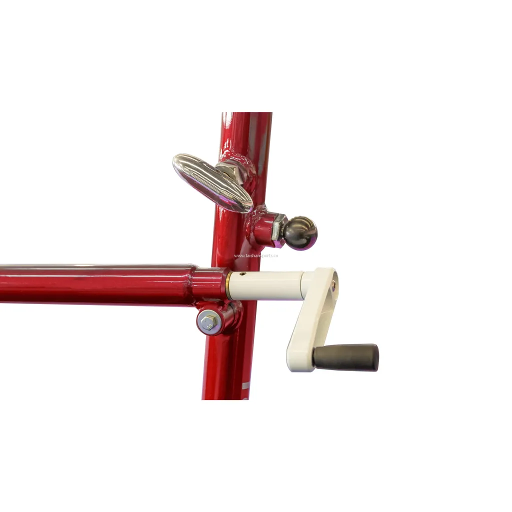 Fibreglass rails wrapped in beech veneer are red, with a white height-adjustment crank and chrome locking knobs.