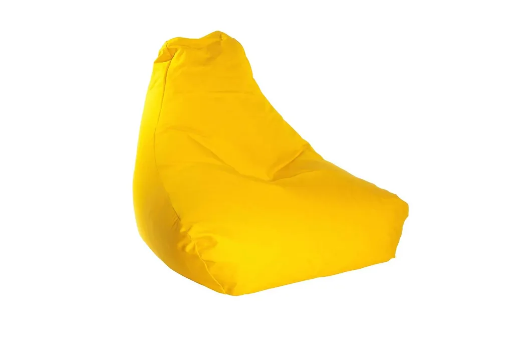 Child-sized yellow cotton bean chair with built-in back support and a sloped, triangular silhouette.