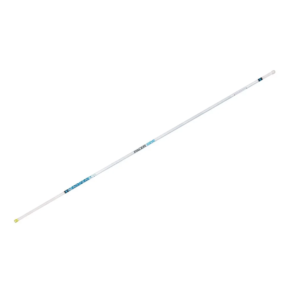 White pole vault pole labeled "Pacer One" with blue accents and end caps against a white background.