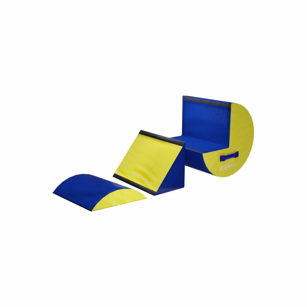 Three blue and yellow foam roller blocks for gymnastics, two semicircular sections and a wedge with the text "promat" on the large block.