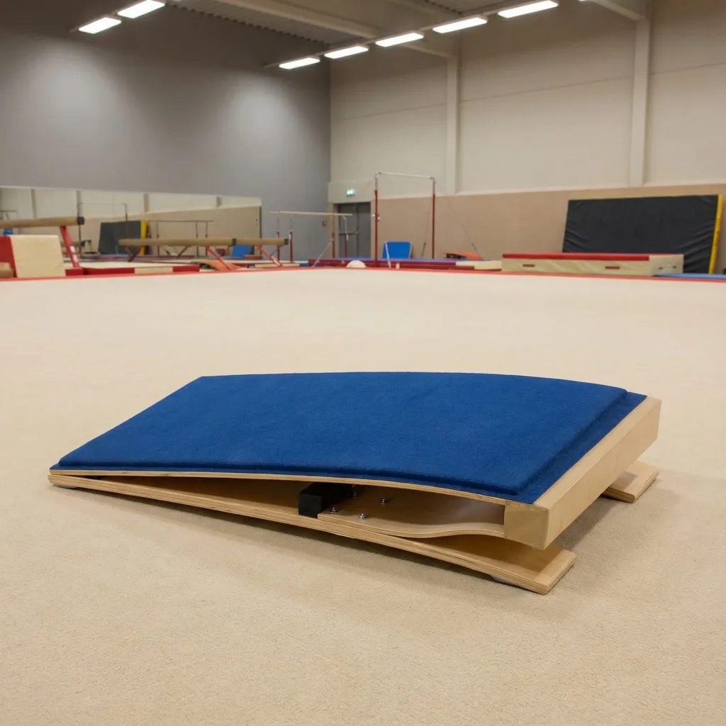 In a gym, a springboard with a blue padded upholstered top and moulded plywood curved base resting on the floor.