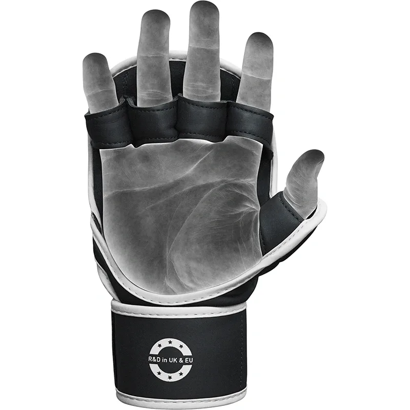 MMA sparring glove palm-up showing open-finger design, Maya Hide convex skin material, wrist strap with circular logo reading 'R&D in UK & EU'.