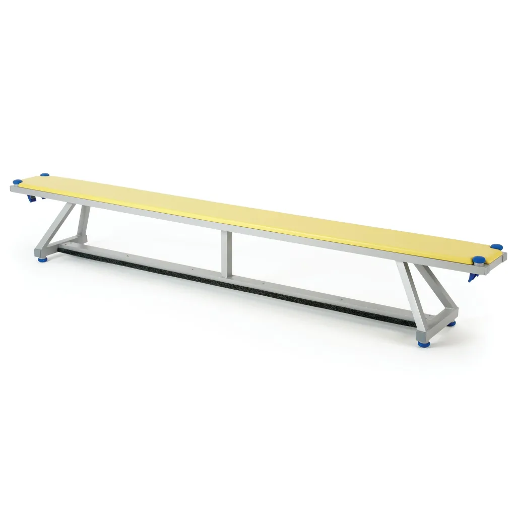 Aluminium-framed Lita bench with a yellow upholstered top, blue corner caps and rubber feet.