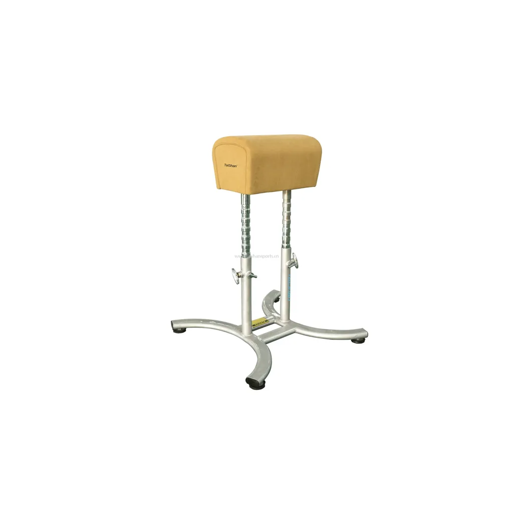 Vaulting buck with tan padded head labeled Taishan on an adjustable silver metal base with four legs.