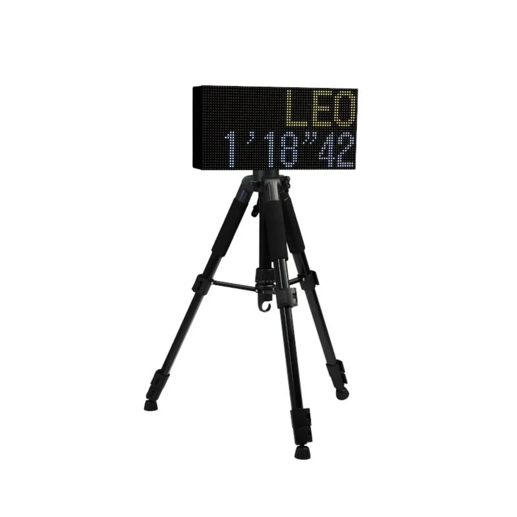 LED display mounted on a black tripod showing LEO and 1'18"42.