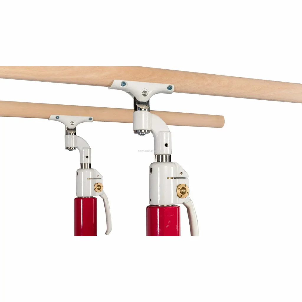Competition parallel bars with maple-wrapped wooden rails, white metal uprights and red adjustable column posts.