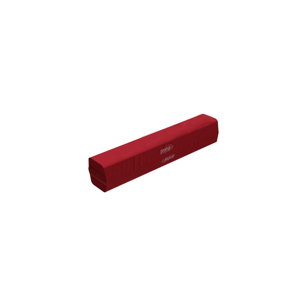 Red folding foam balance beam with high-density PE foam and flame-retardant PVC cover, hook-and-loop connectors on each end, white logo on side.