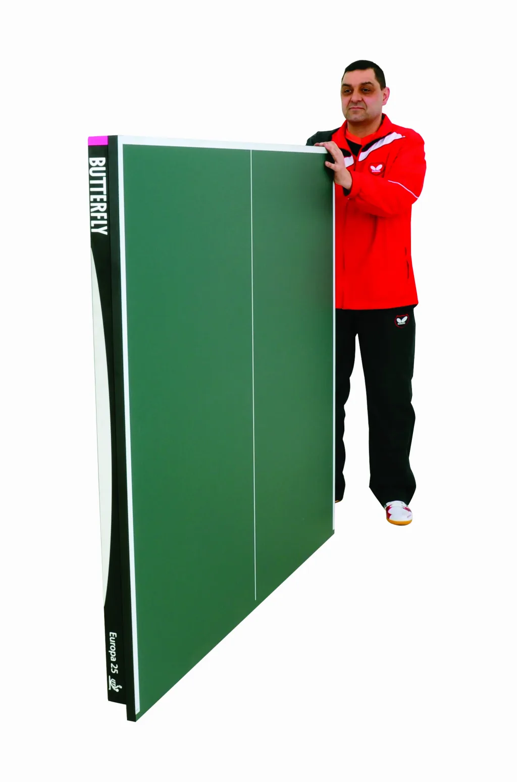 Folded green Europa 25 table tennis table with light silver legs held upright by a man in a red jacket.