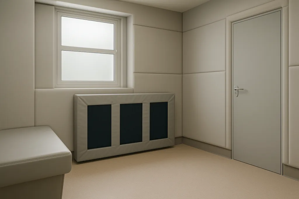Heavy-duty padded radiator cover with three dark mesh ventilation panels under a frosted window in a beige padded room with a padded bench and closed door.