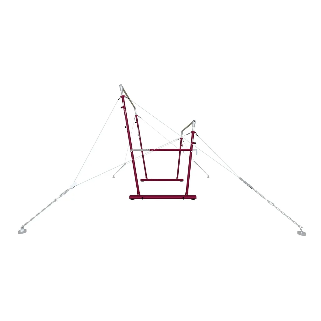 Competition uneven bars with a red frame and two fibreglass rails wrapped in beech veneer at different heights, secured by tension cables and floor anchors.