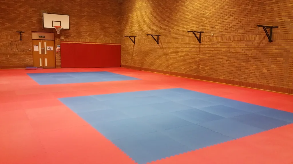 Blue and red tatami-finish interlocking jigsaw mats forming two square areas on a gym floor with brick walls and a basketball hoop.