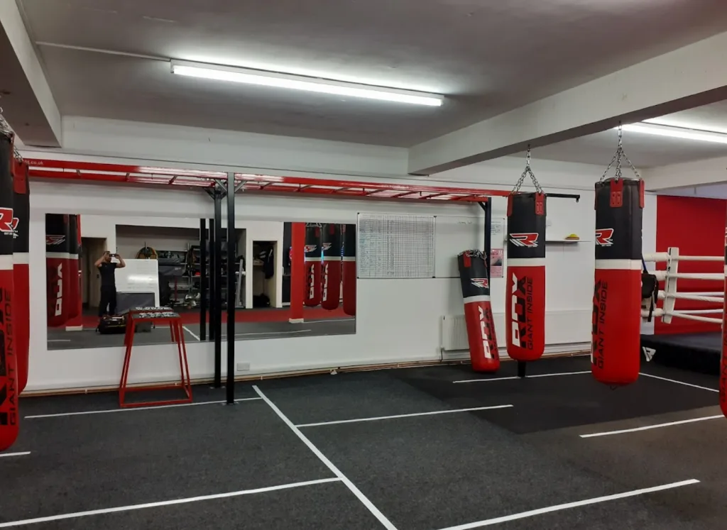 Steel powder-coated equipment rig with hanging punching bags labeled RDX and Giant Inside.