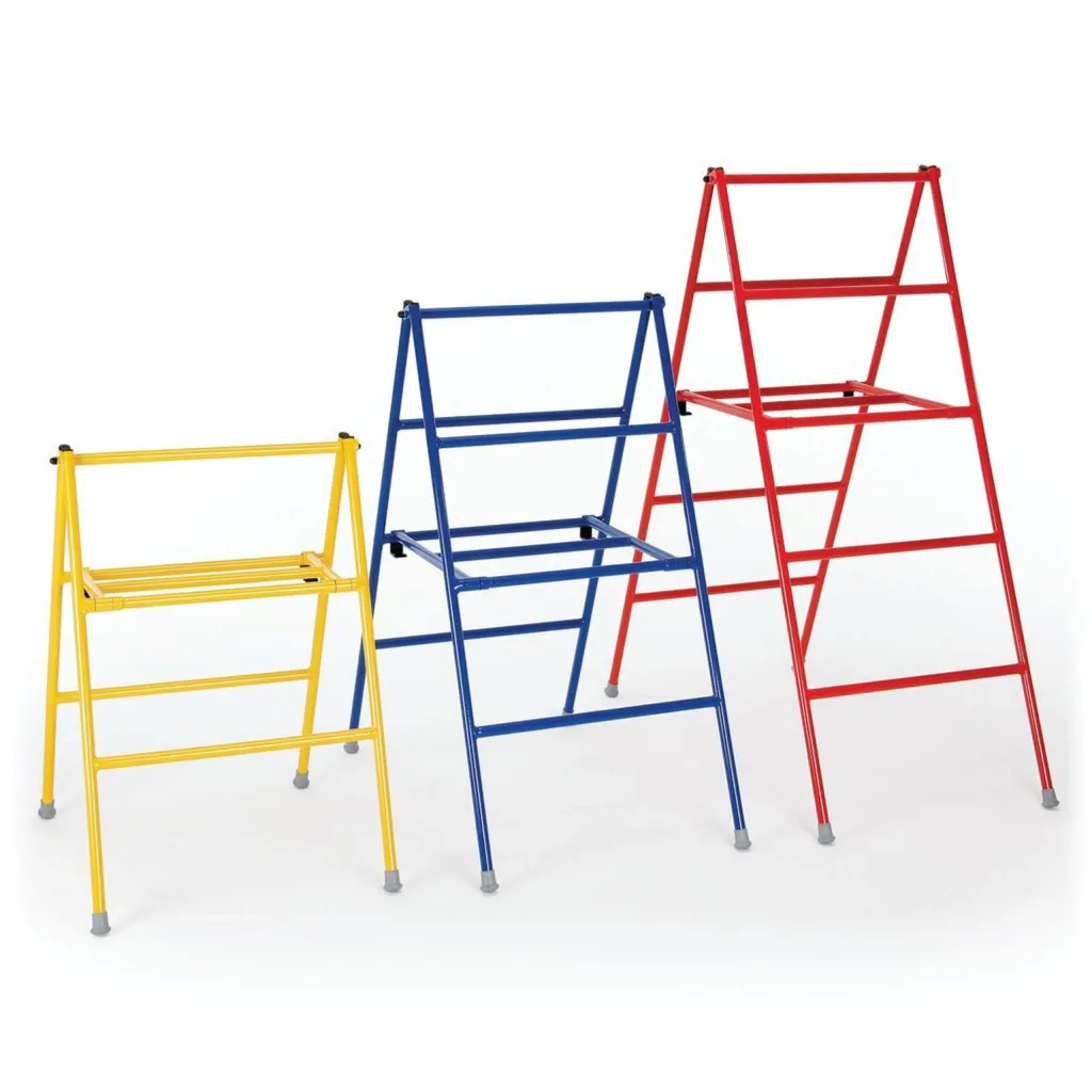 Set of three folding powder-coated steel trestles in yellow, blue, and red with non-marking rubber feet, shown at different heights.