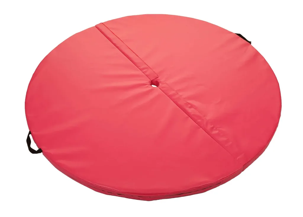 Circular heavy-duty PVC two-piece pole dancing mat with a central hole and fixed carry handles.
