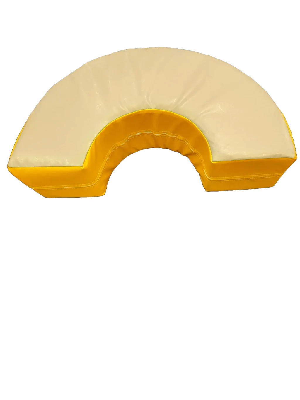 Banana-shaped yellow rocker with cream top, made from high-density PU foam and a tear-resistant, phthalate-free wipe-clean cover.
