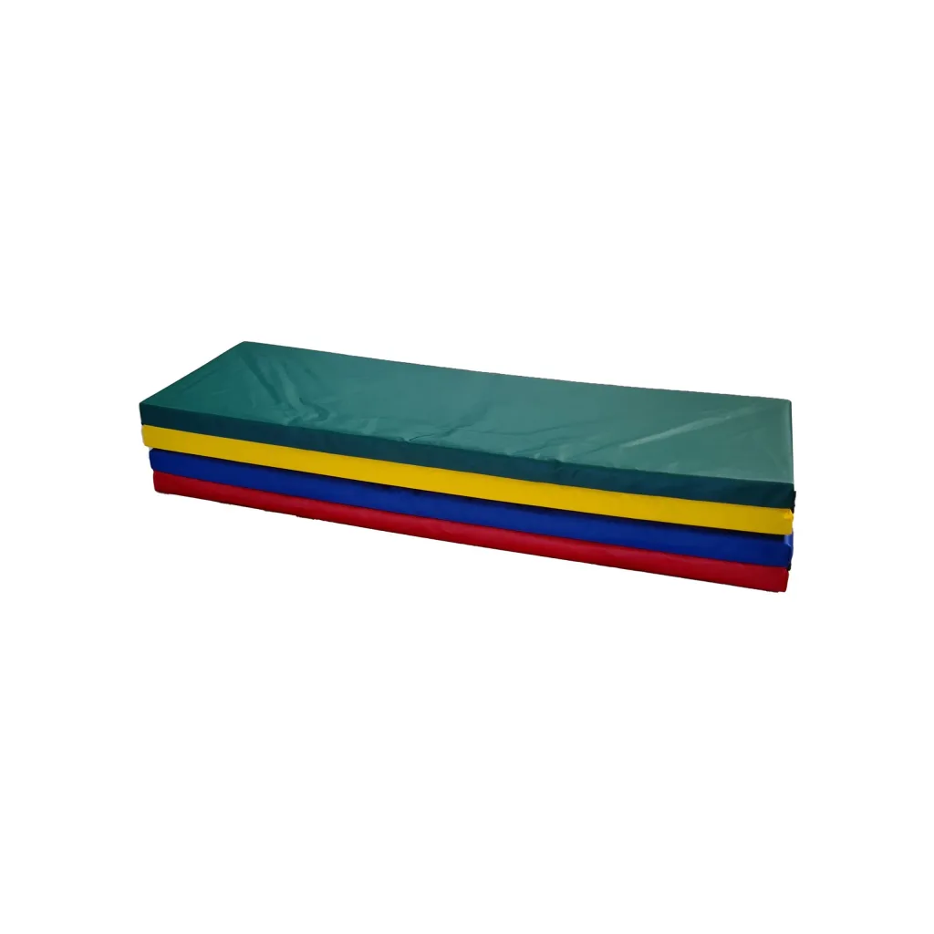 Folded four-way mat with heavy duty PVC cover and multi-colored layered sides on a white background.