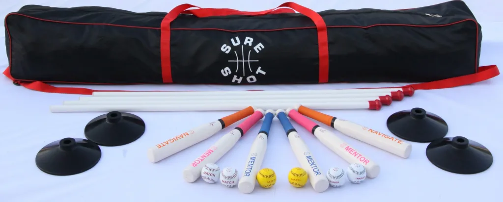 Black bag with red straps labeled Sure Shot, white bats labeled Navigate and Mentor, black rubber bases, white balls labeled Match/Trainer and yellow Safety.