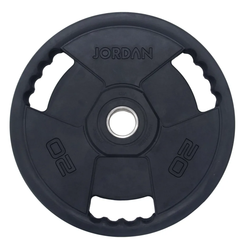 Rubber Olympic weight plate with three contoured handles, a central metal-lined hole, and 20 embossed near two grips.