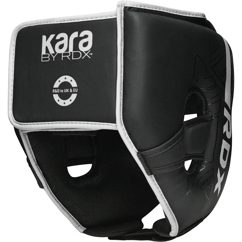 Black convex skin maya hide leather head guard with white trim, open eye and cheek areas, and text "kara BY RDX" and "R&D in UK & EU".