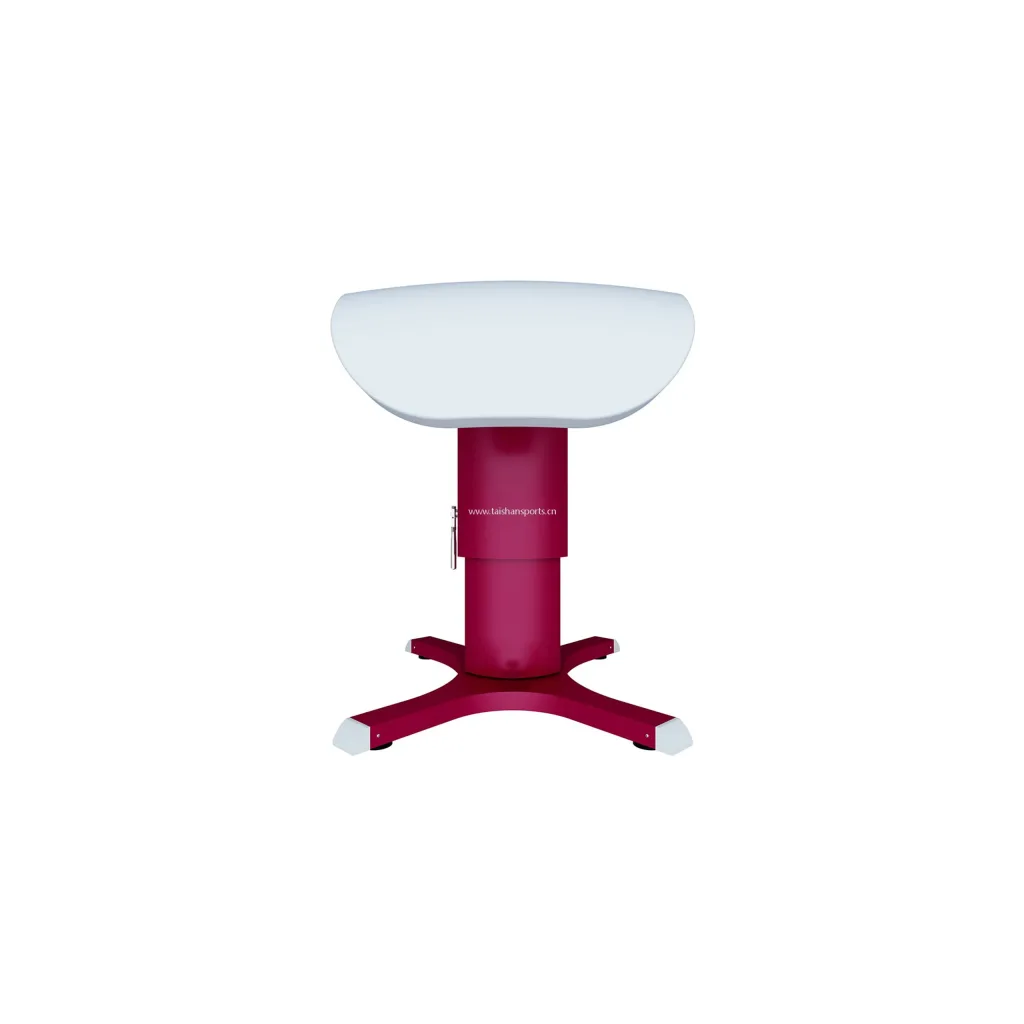 Competition vaulting table with light-colored tongue-shaped top, red central column and four-armed red base, text www.taishansports.cn on the column.