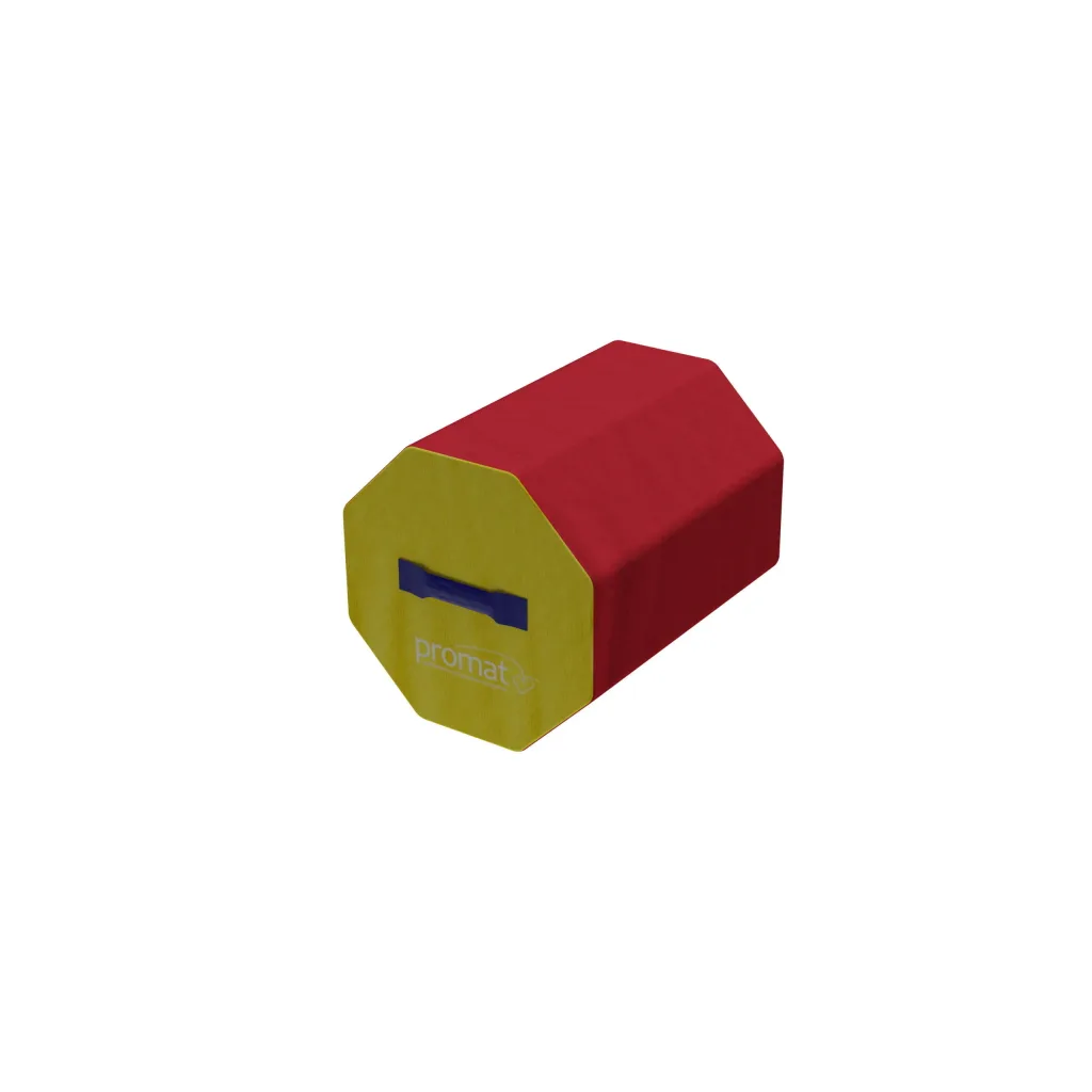 Red octagonal gymnastics block with yellow end panel, blue carry handle and heavy-duty flame-retardant PVC cover.