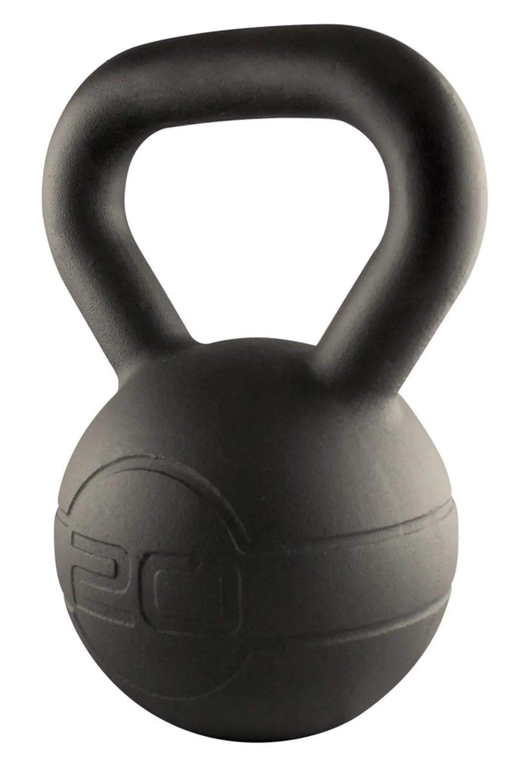 One-piece cast iron kettlebell with matte coating embossed with 20 on the ball.