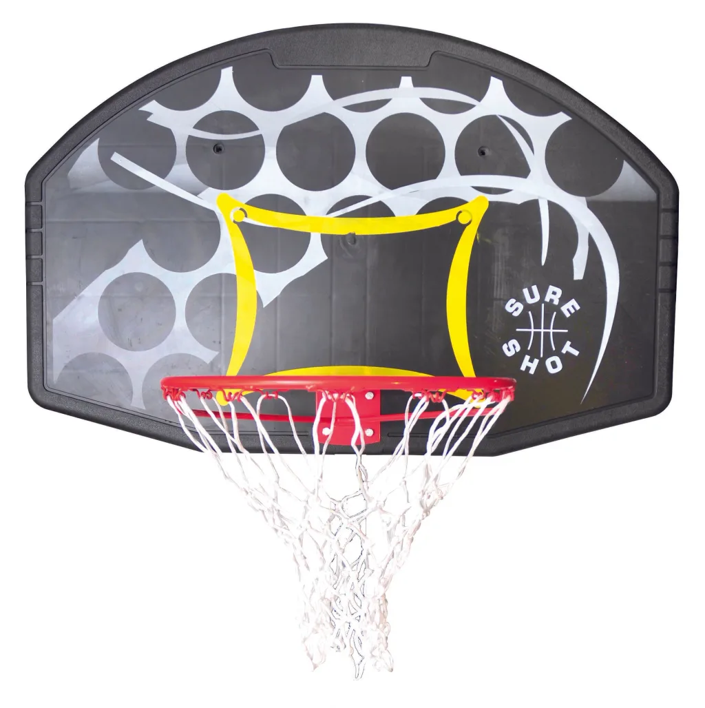 Fan-shaped polypropylene backboard with yellow target, red steel ring and white nylon net, white circle graphics and "Sure Shot" text.