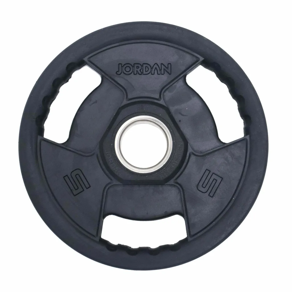 Rubber-coated cast-iron Olympic weight plate with three grip handles, central hole and text "JORDAN".