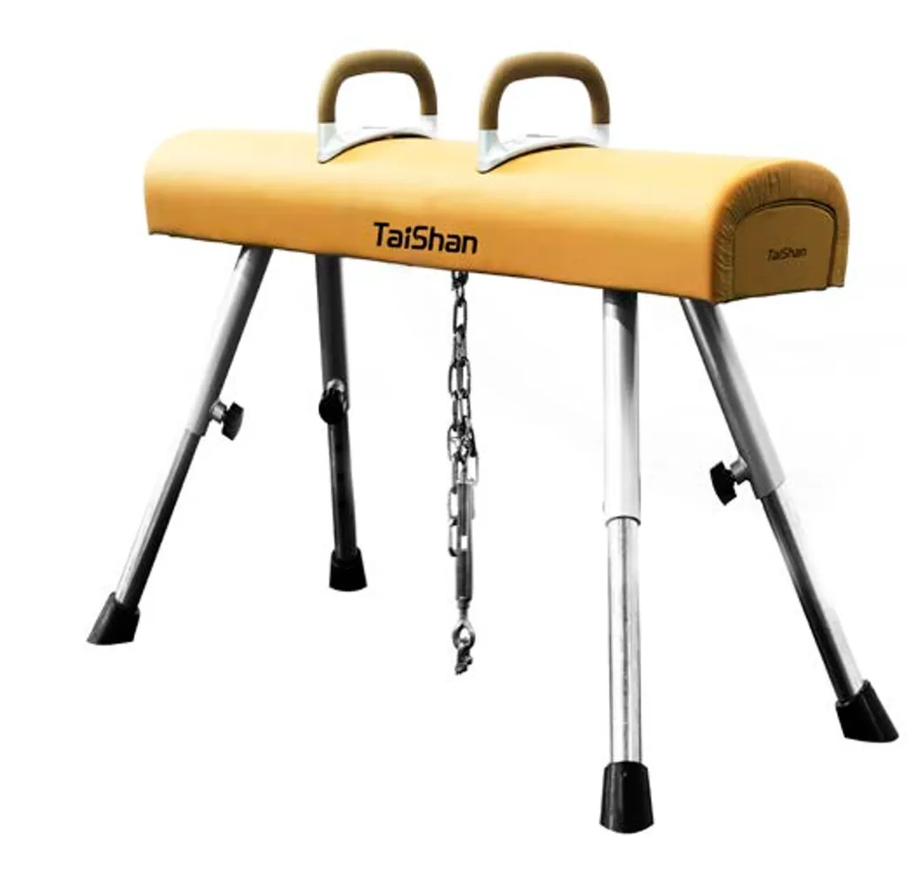 Adjustable low pommel horse with polyurethane trunk topped with XPE foam, carbon-steel legs, adjustable handles and chain, TaiShan printed on the side.