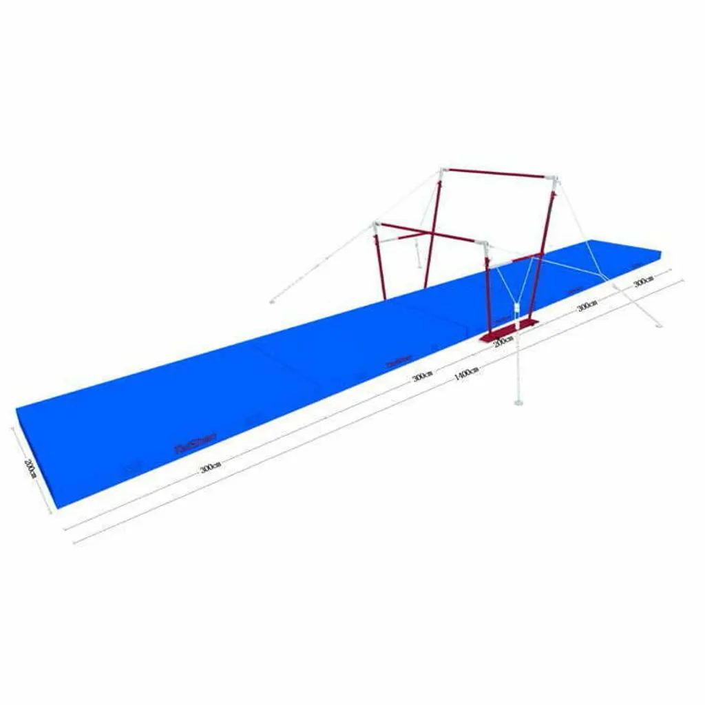 Long blue segmented landing mat for a balance beam composed of rectangular units with red support frames positioned along its length.