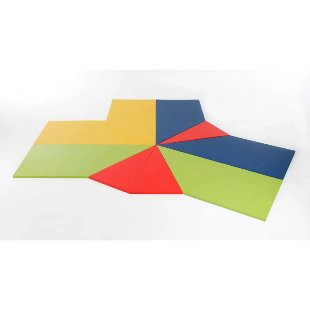 Colorful mats arranged radially with red triangular center wedges and blue, yellow, and green panels on a white background.