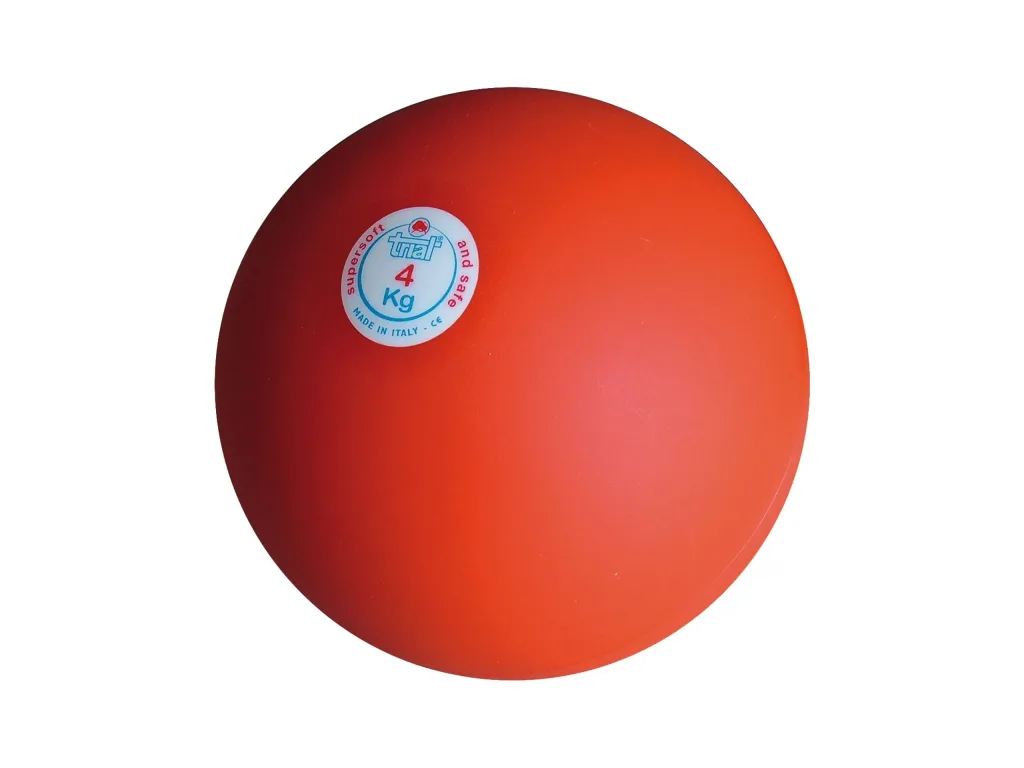 Orange indoor shot put made from reticulated synthetic elastic soft rubber with a white circular label reading '4 Kg'.