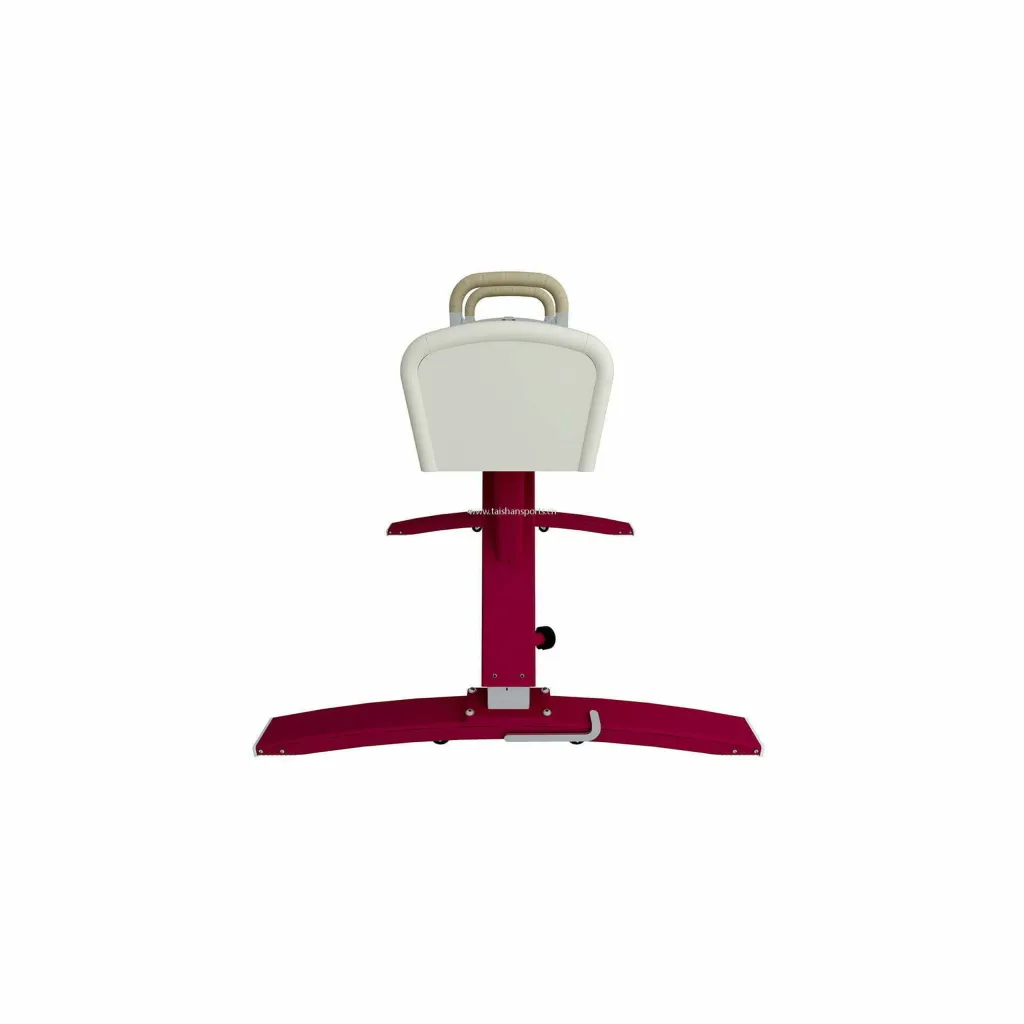 Competition pommel horse with genuine leather padded body, wooden handles and red steel base, watermark "www.taishansports.cn".
