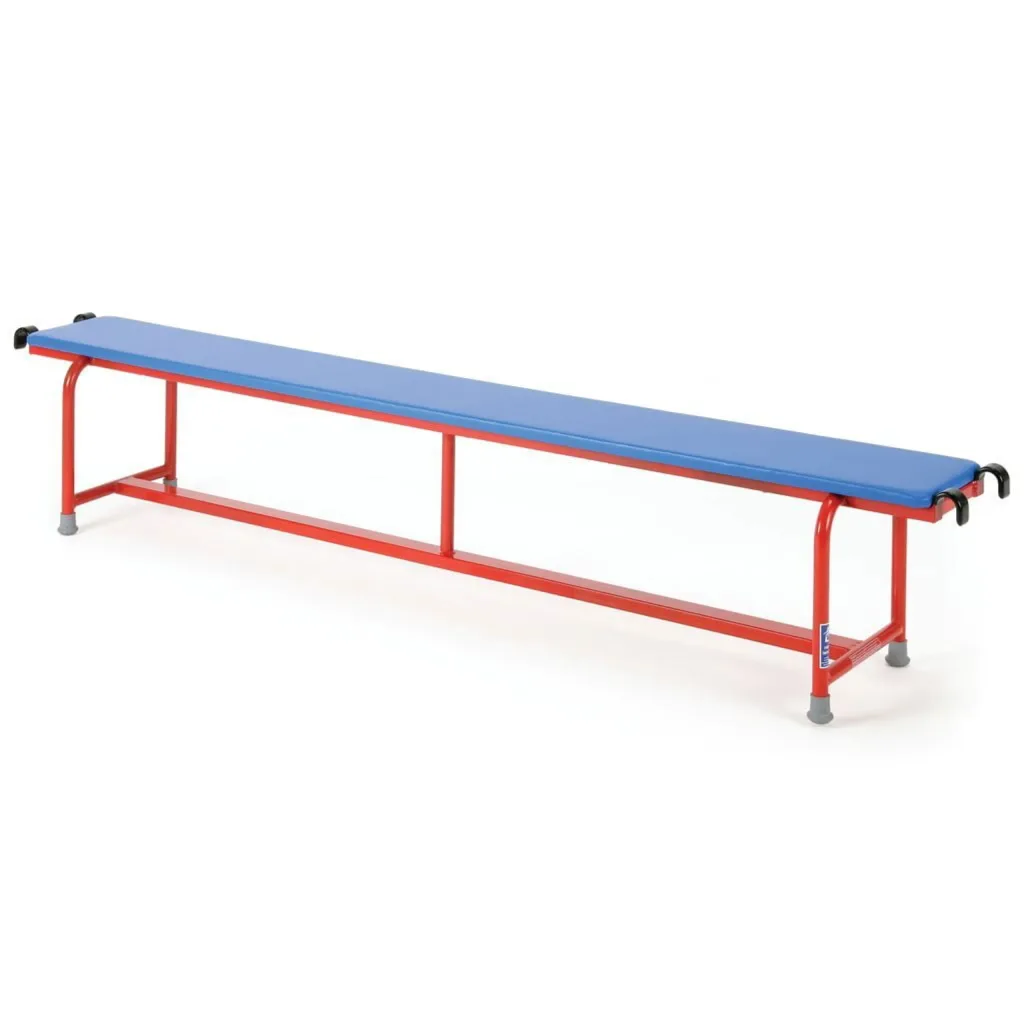 Steel-framed padded balance bench with blue flame-retardant vinyl top, red powder-coated legs, rubber feet and black metal end hooks.