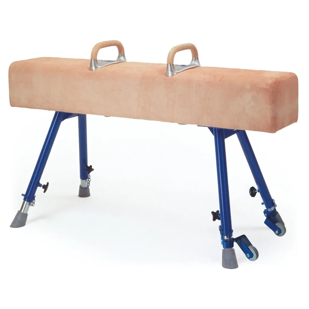Vaulting buck with padded hide body, two top handles and fully adjustable steel legs.