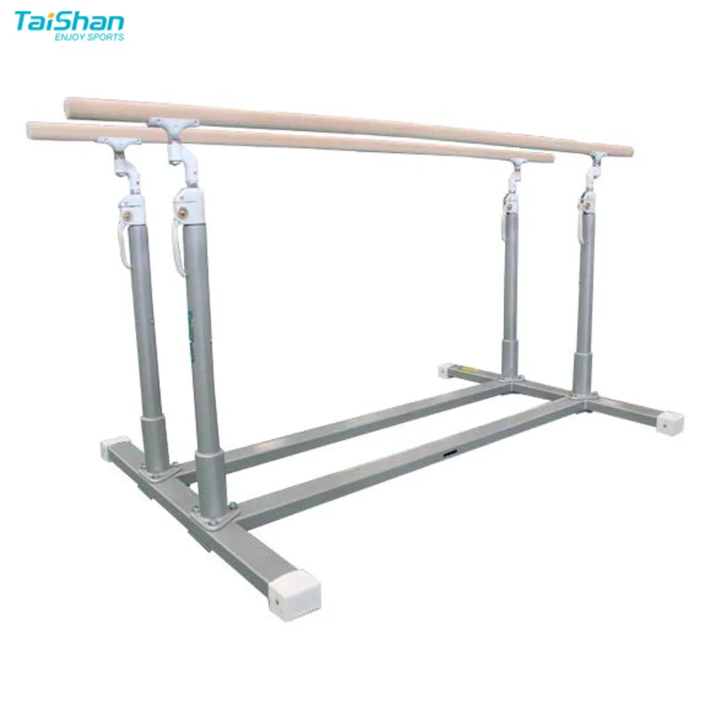 Training parallel bars with maple-wrapped fibreglass rails, stainless steel sliding uprights and a carbon steel base, text "Taishan ENJOY SPORTS".