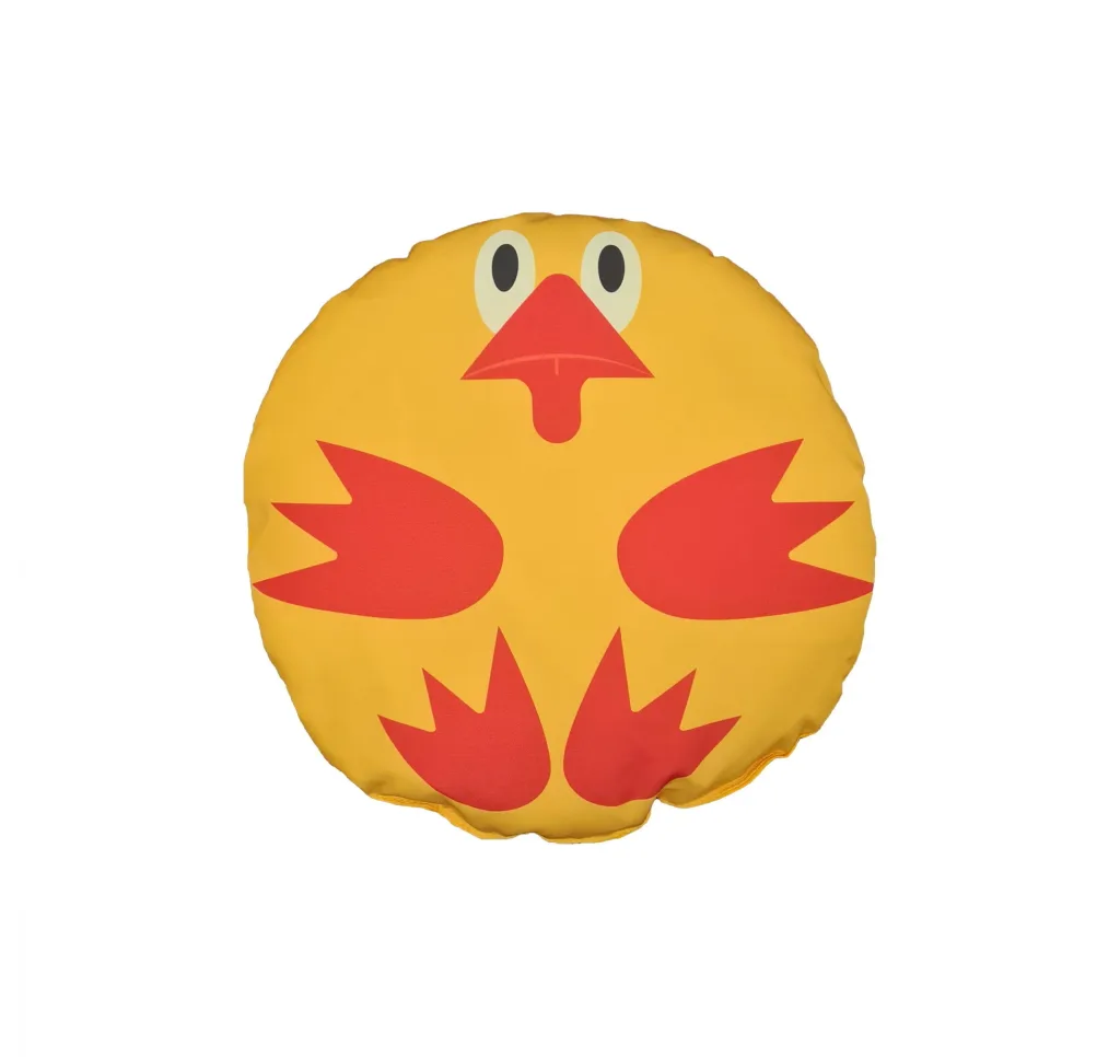 Round yellow fibre-filled child scatter cushion with a red stylized chick face and feet and a wipe clean cover.