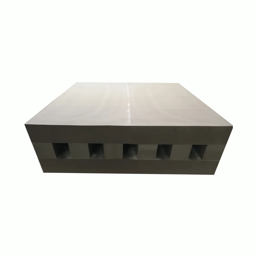 Rectangular soft-landing pit with heavy-duty PVC cover over a castellated PU foam core, showing rectangular cavities along the front.