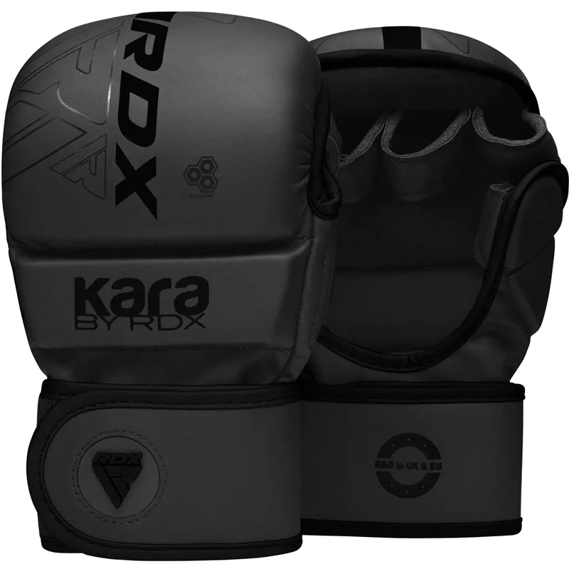 Pair of RDX F6 KARA MMA sparring gloves made from Maya Hide Convex Skin with visible text "RDX" and "kara BY RDX".