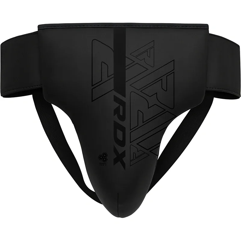 Black groin guard with RDX printed on the front, contoured cup and wide adjustable waist and leg straps.