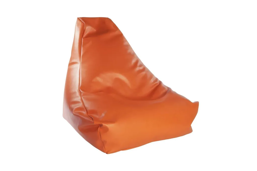 Child-sized faux leather bean chair with added back support in orange.