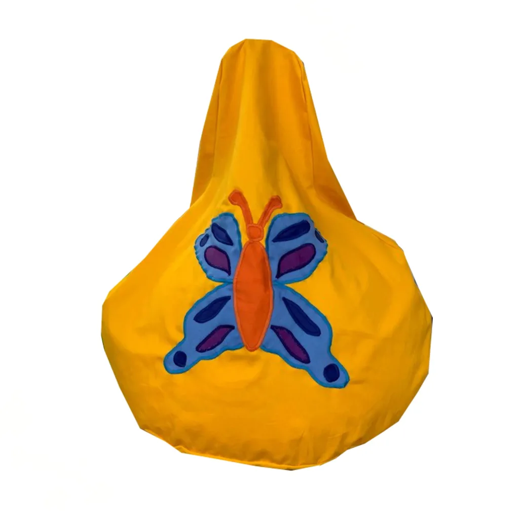 Yellow bean bag with tall back and blue and purple butterfly appliqué with orange body.