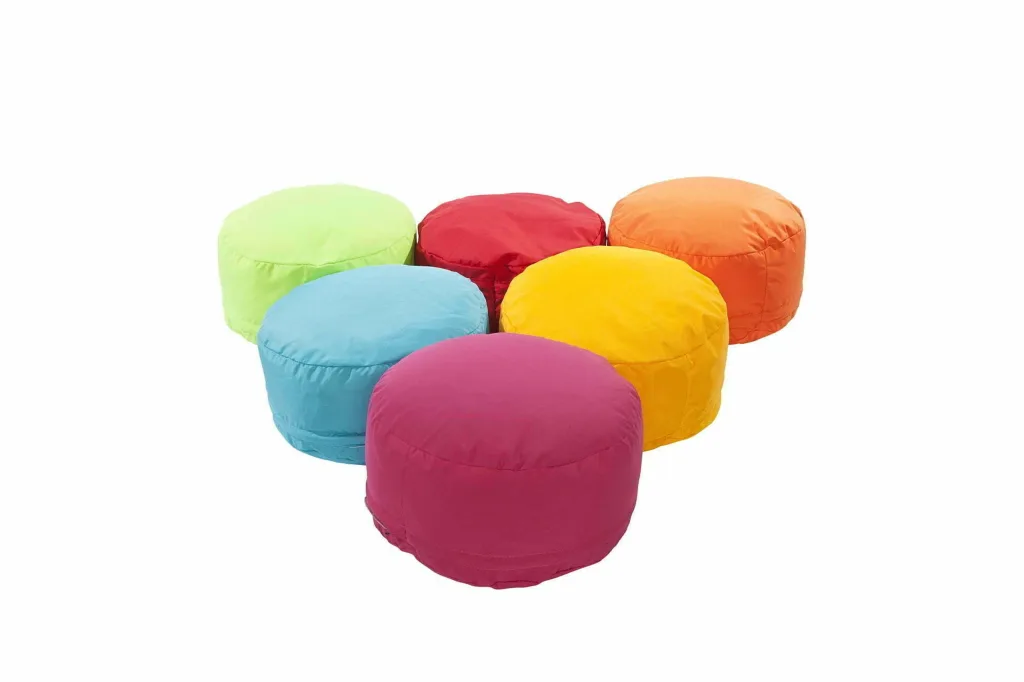 Six round indoor/outdoor polyester bean pods in bright pink, blue, yellow, orange, red and lime green on a white background.