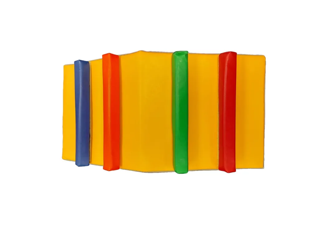 Soft foam baby climber with yellow main module and four vertical PVC steps in blue, orange, green, and red.