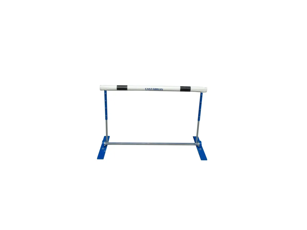Adjustable steel spring-back hurdle with a padded white top board marked by two black bands and blue adjustable uprights on blue flat feet.