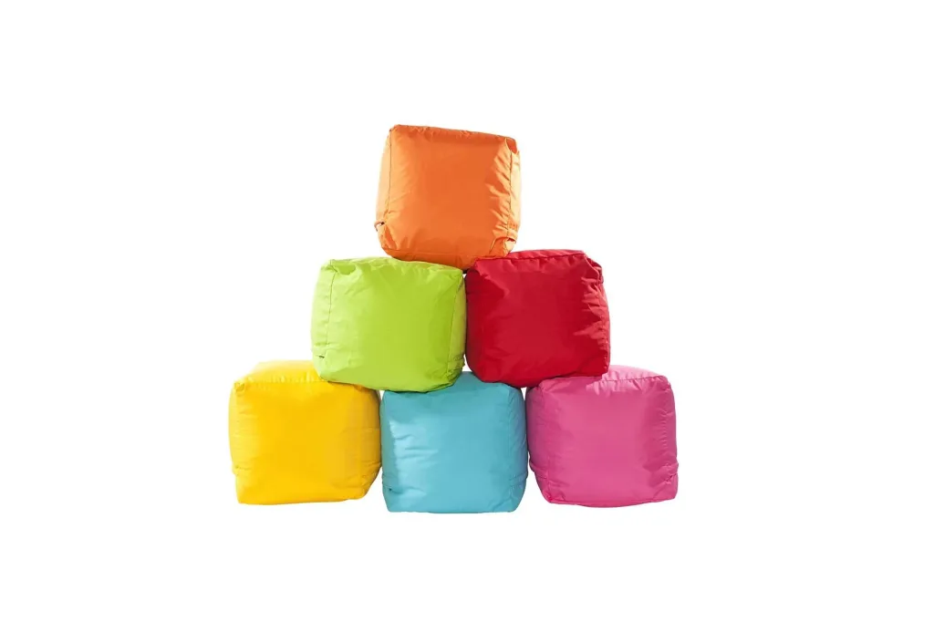 Stack of six square indoor/outdoor polyester bean pods in orange, lime green, red, yellow, turquoise and pink arranged in a pyramid.