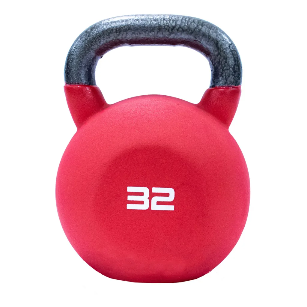 Neoprene-covered kettlebell with a black handle and white 32 printed on the red body.