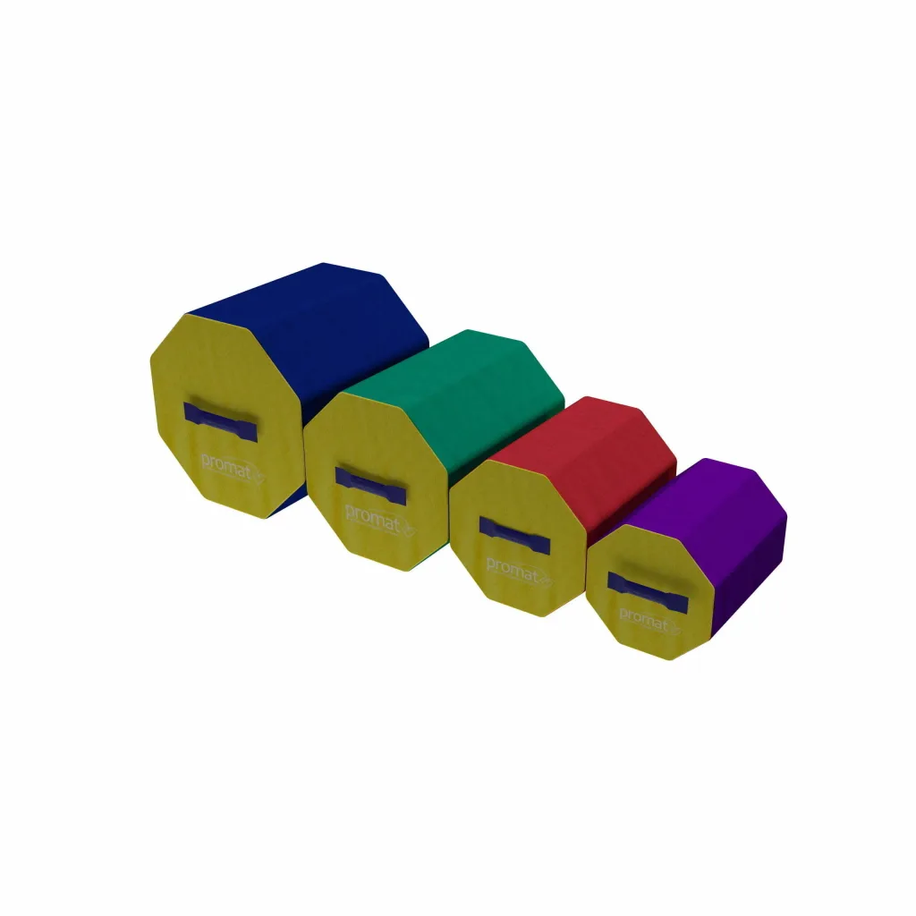 Four octagonal training blocks with yellow ends labeled "promat", blue, green, red and purple flame-retardant PVC covers over high-density PU foam, each with a carry handle.