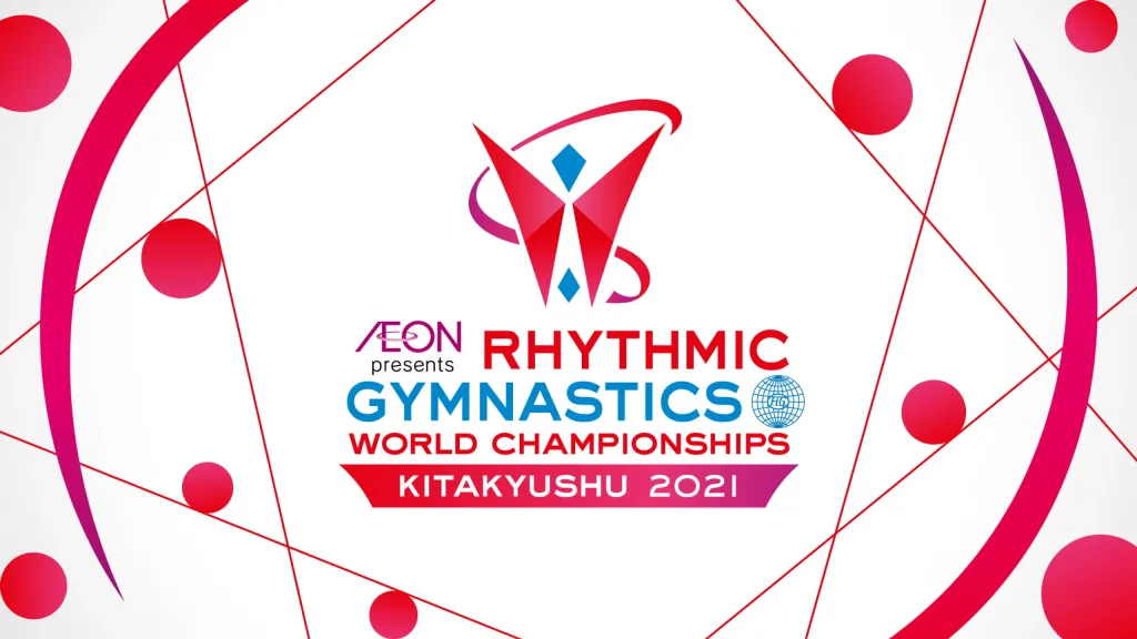 Centered rhythmic gymnastics logo with text 'AEON presents RHYTHMIC GYMNASTICS WORLD CHAMPIONSHIPS KITAKYUSHU 2021' and pink arcs on white background.